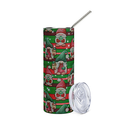 Christmas Gnomes Skinny Tumbler – Festive Red & Green Striped Holiday Drinkware