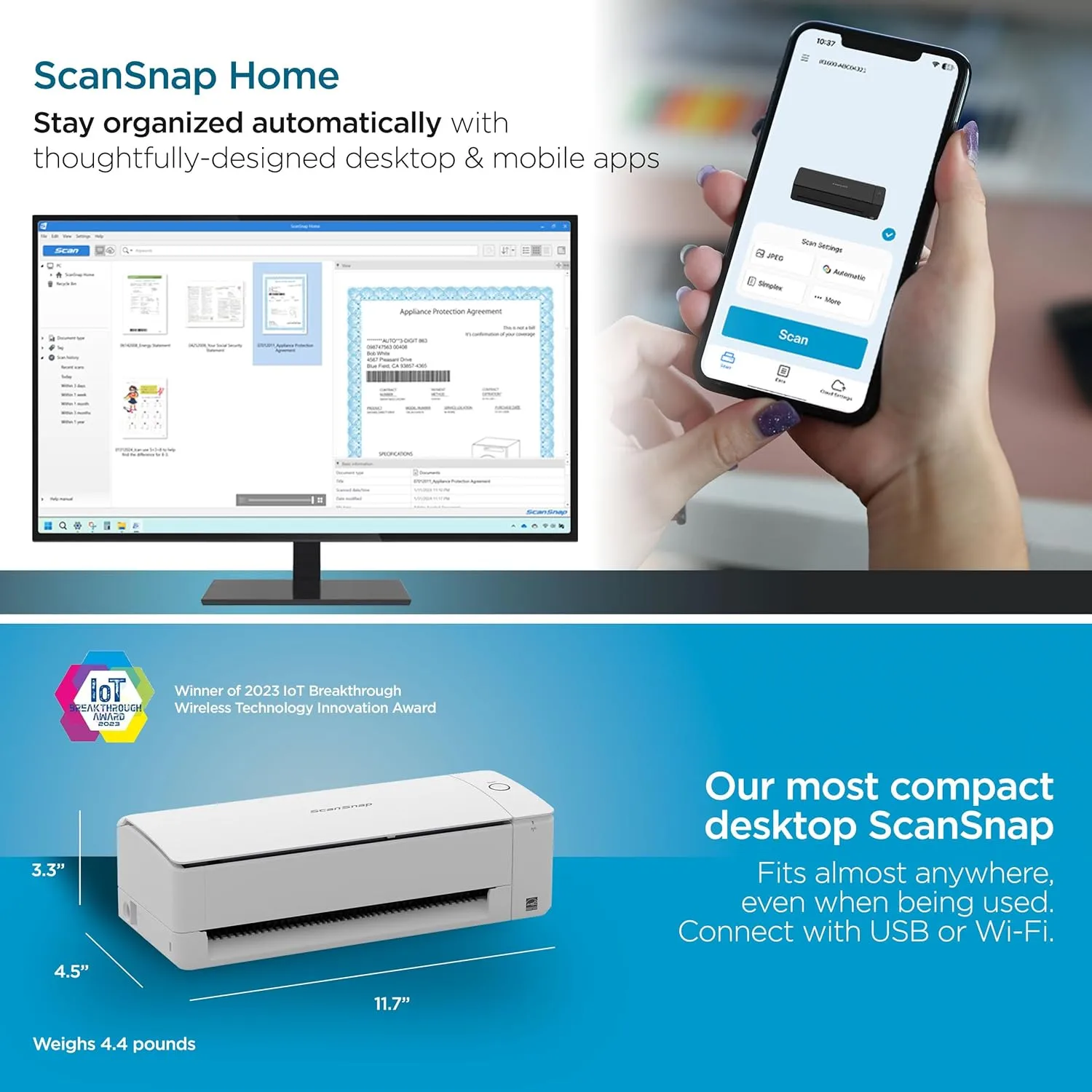 ScanSnap iX1300 Compact Wireless or USB Double-Sided Color Document, Photo & Receipt Scanner with Auto Document - Mac or PC