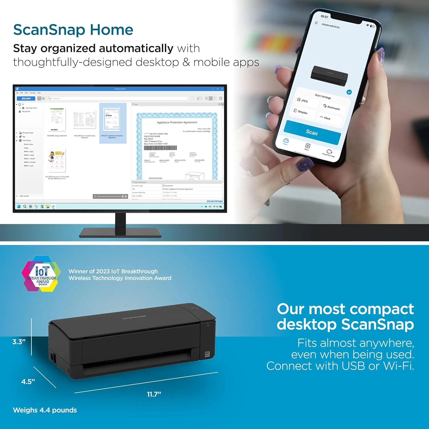 ScanSnap iX1300 Compact Wireless or USB Double-Sided Color Document, Photo & Receipt Scanner with Auto Document - Mac or PC