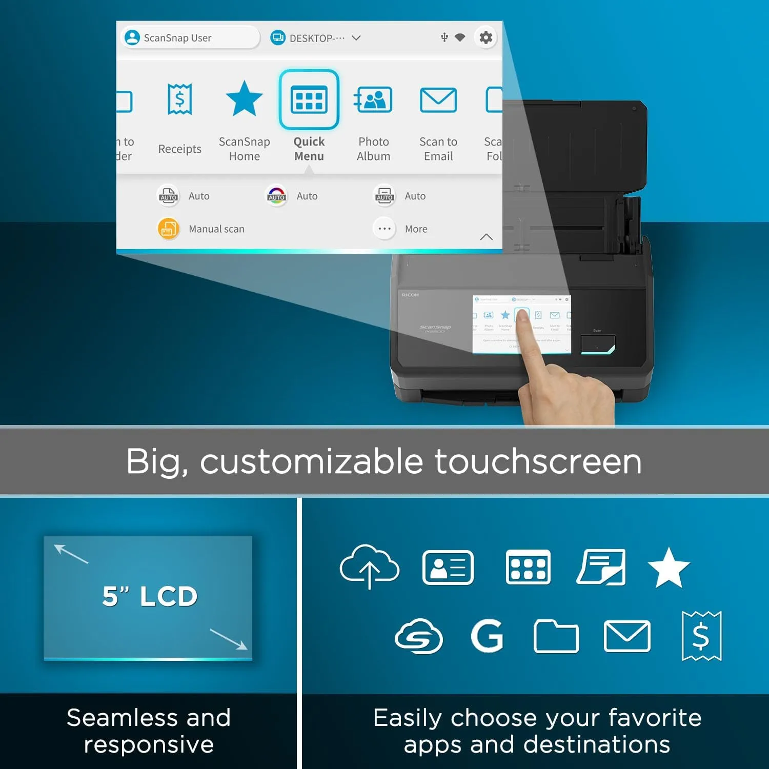 ScanSnap Wireless/USB Cloud-Enabled Document, Photo & Receipt Scanner with Touchscreen and Auto Document Feeder