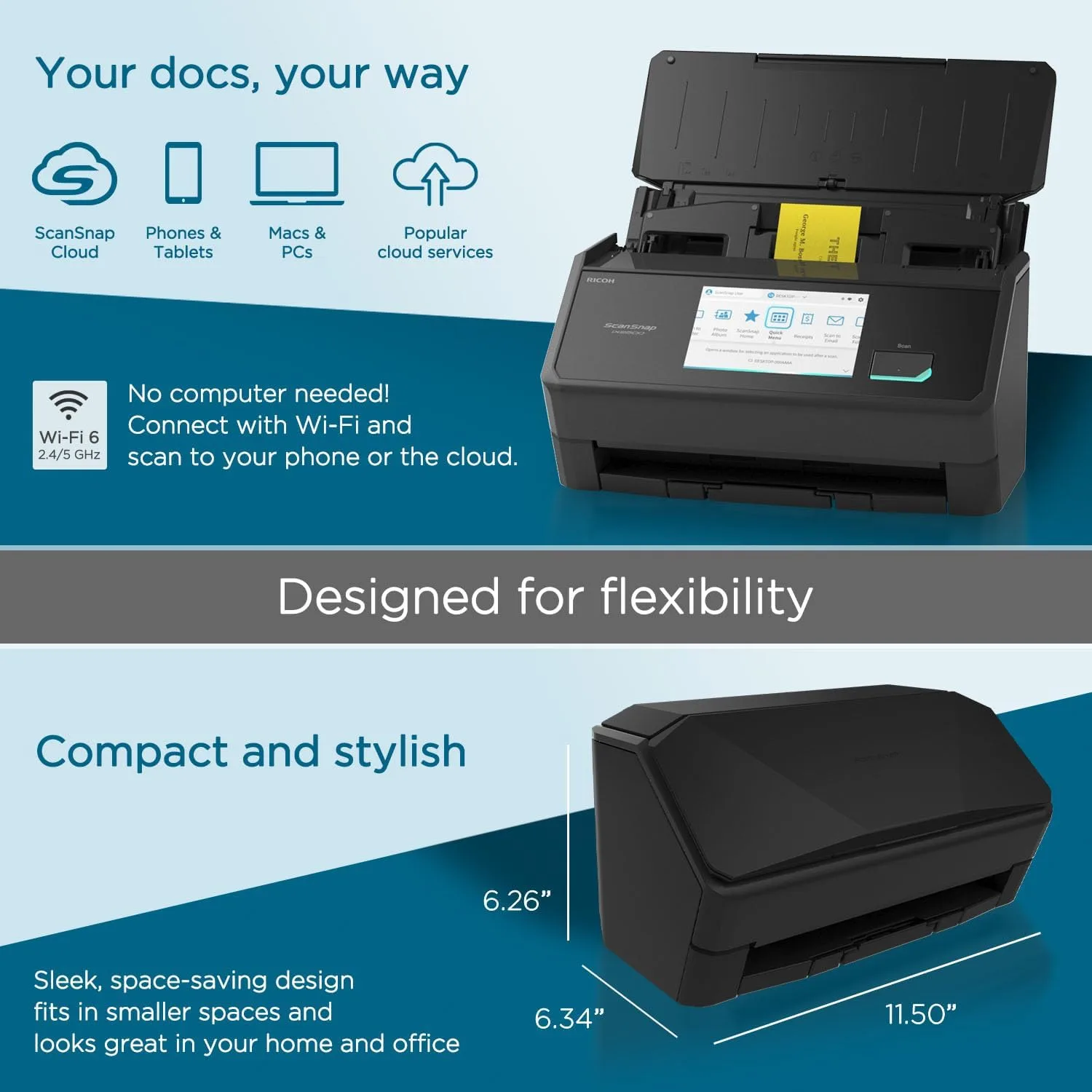 ScanSnap Wireless/USB Cloud-Enabled Document, Photo & Receipt Scanner with Touchscreen and Auto Document Feeder