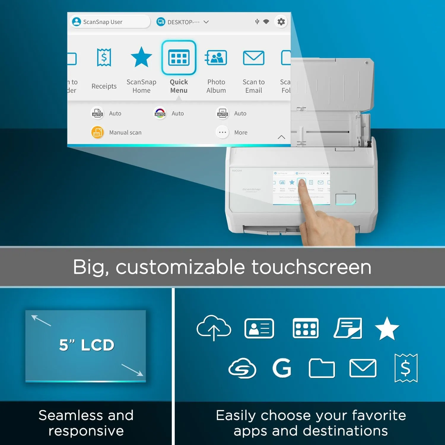 ScanSnap Wireless/USB Cloud-Enabled Document, Photo & Receipt Scanner with Touchscreen and Auto Document Feeder