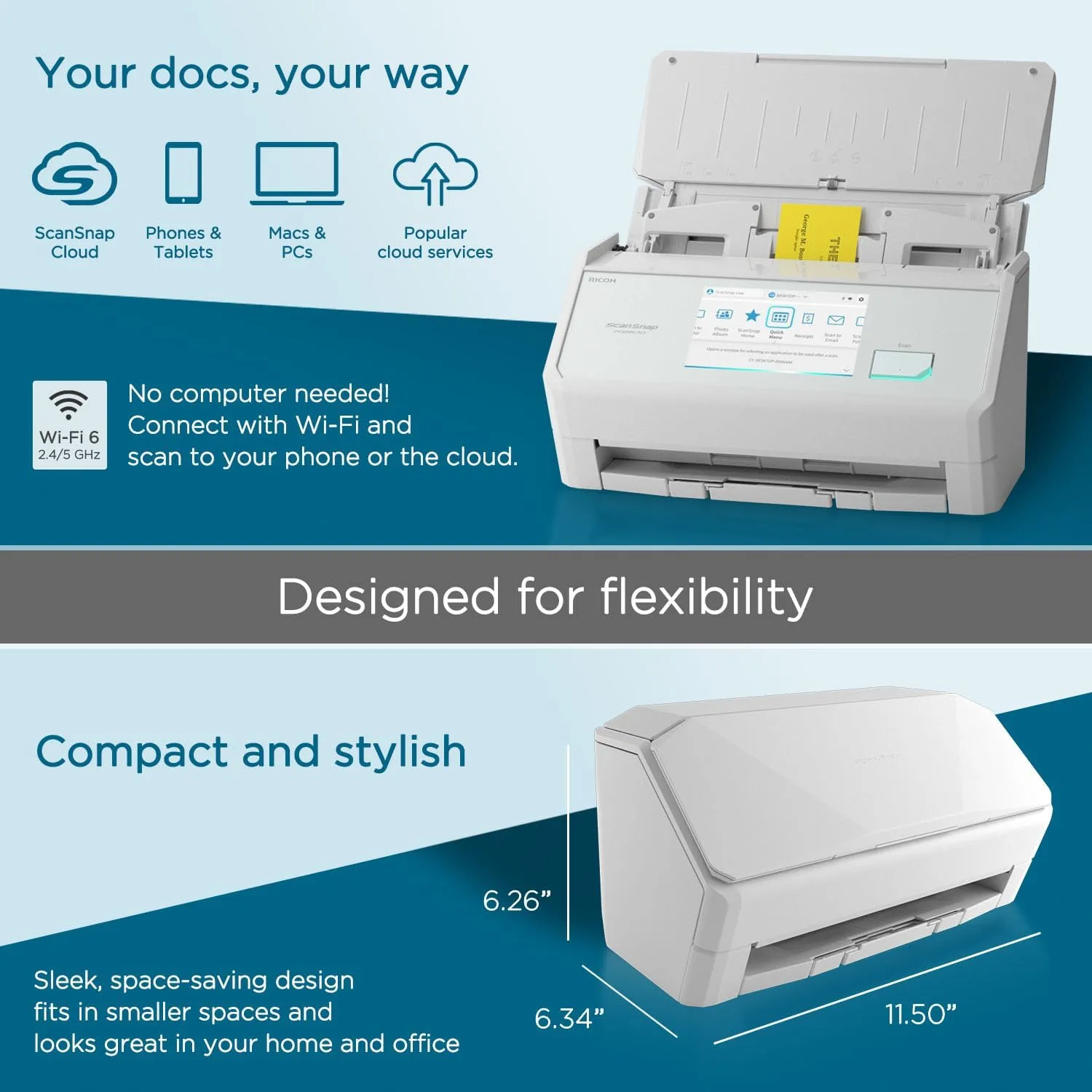 ScanSnap Wireless/USB Cloud-Enabled Document, Photo & Receipt Scanner with Touchscreen and Auto Document Feeder