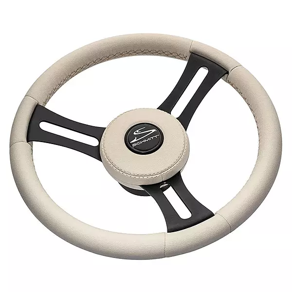 Torcello Elite 14" Wheel - Beige Leather & Cap - White Stitching - Black SS Spokes - 3/4" Tapered Shaft