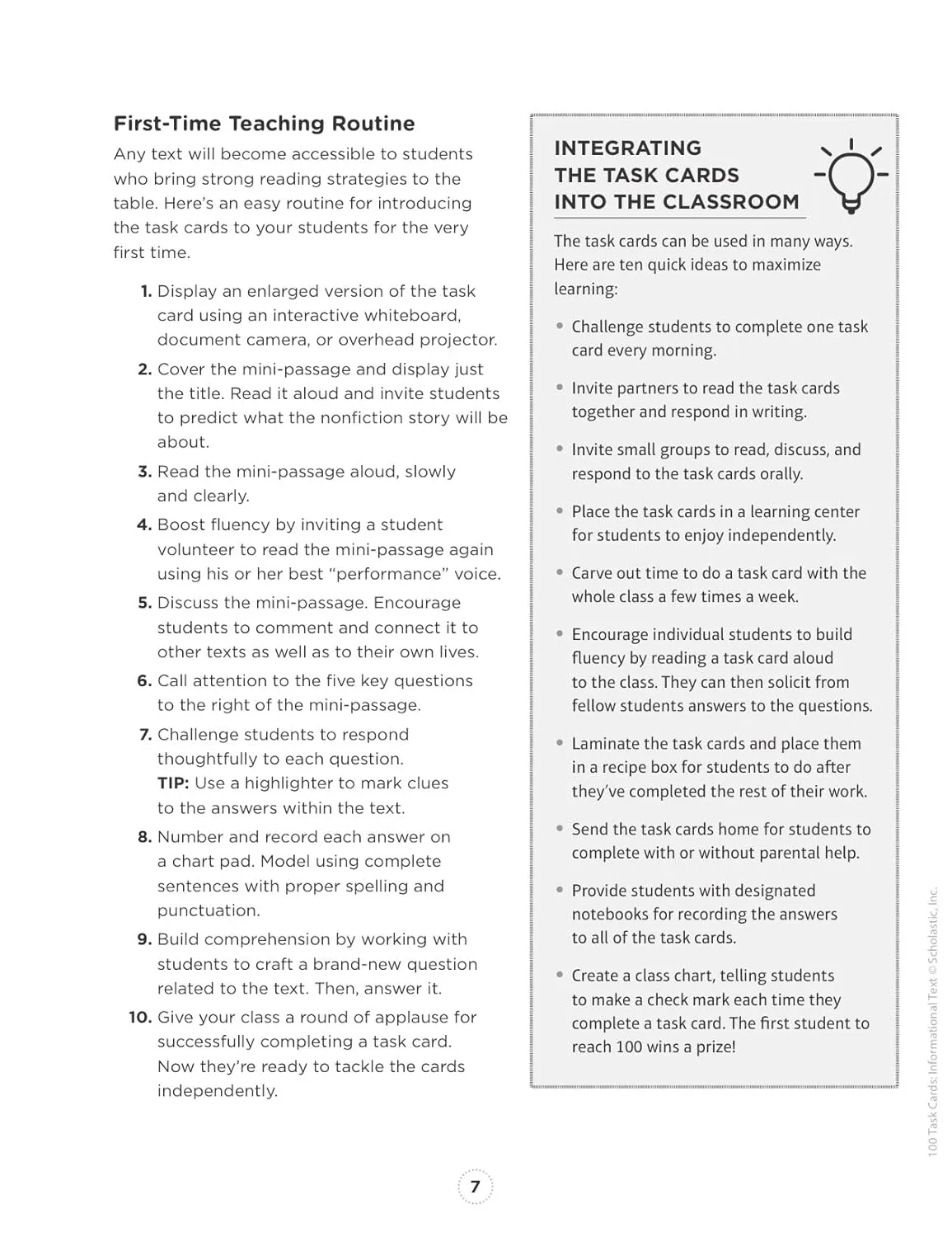 100 Task Cards: Informational Text: Reproducible Mini-Passages With Key Questions to Boost Reading Comprehension Skills