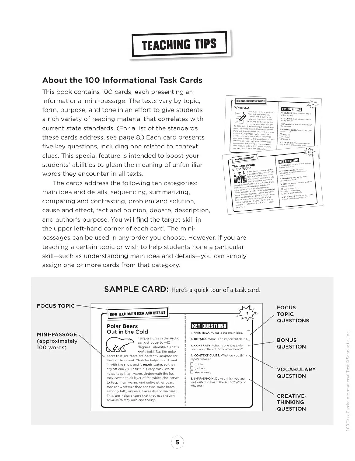 100 Task Cards: Informational Text: Reproducible Mini-Passages With Key Questions to Boost Reading Comprehension Skills