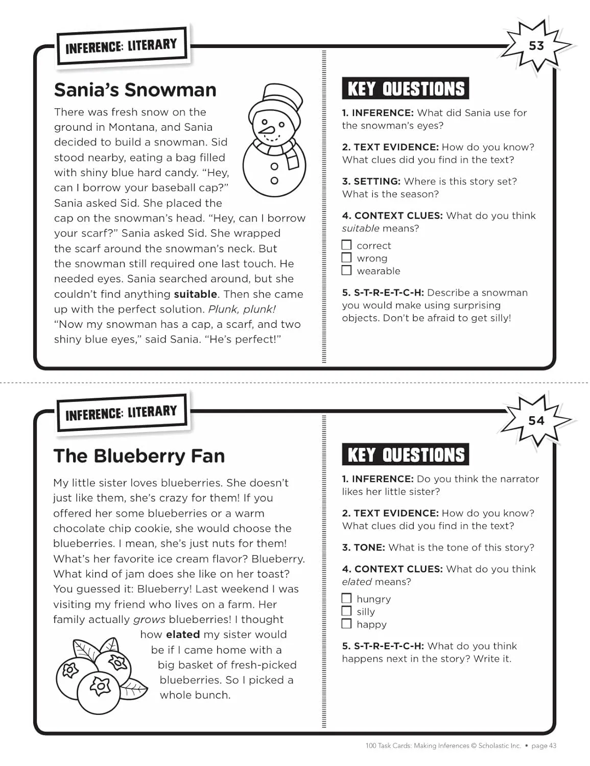 100 Task Cards: Making Inferences: Reproducible Mini-Passages With Key Questions to Boost Reading Comprehension Skills