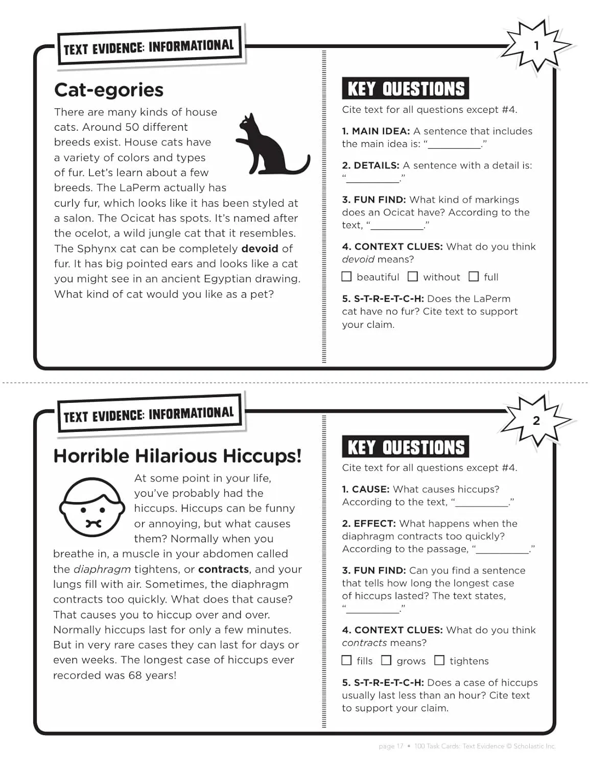 100 Task Cards: Text Evidence: Reproducible Mini-Passages With Key Questions to Boost Reading Comprehension Skills