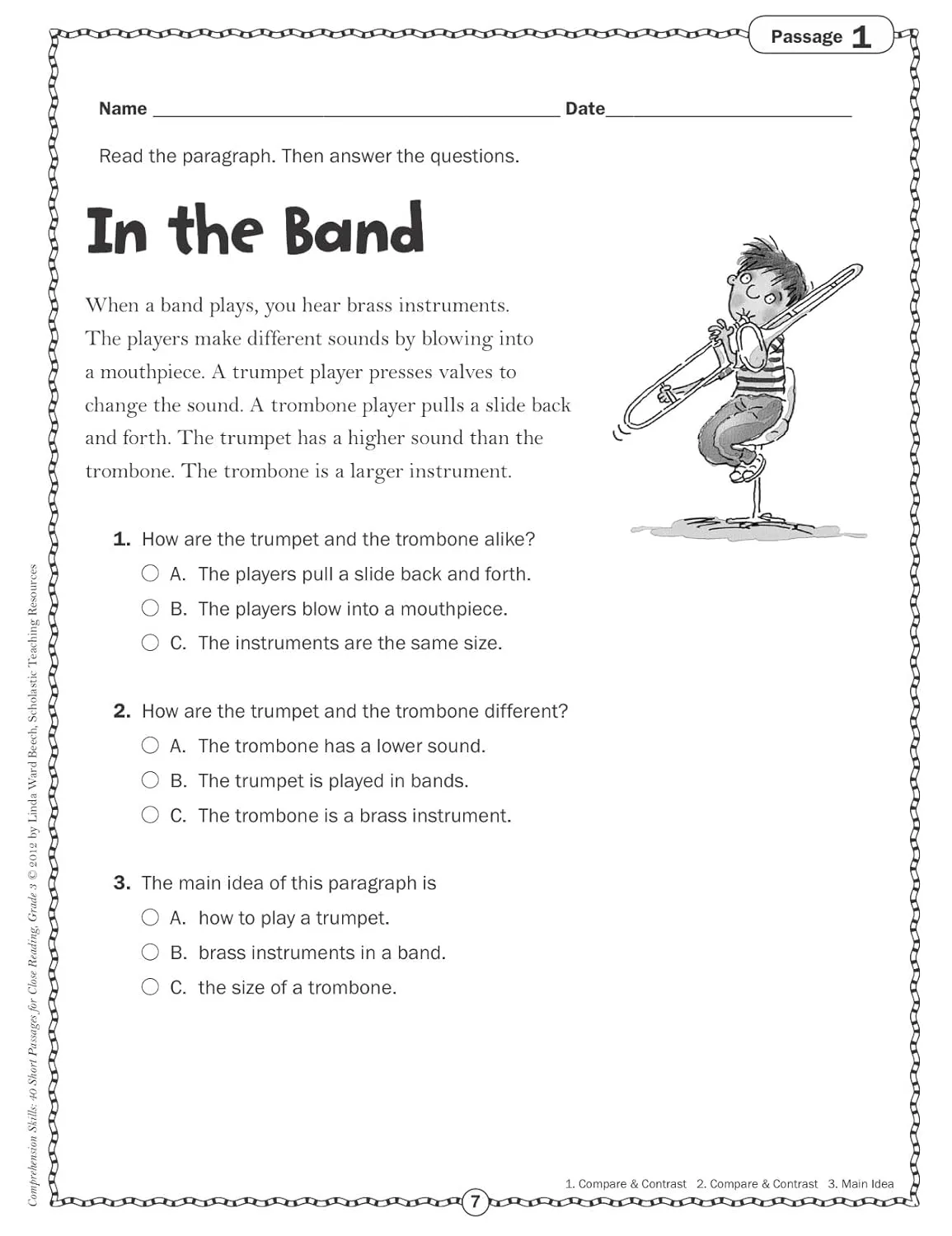 Scholastic Comprehension Skills: 40 Short Passages For Close Reading, Grade 3