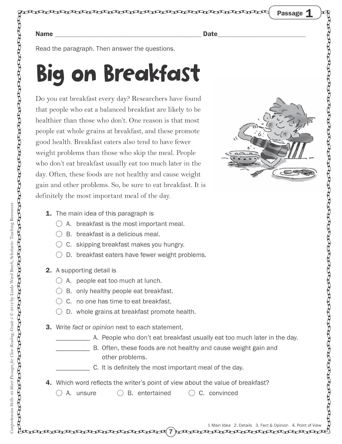 Scholastic Comprehension Skills: 40 Short Passages For Close Reading, Grade 5
