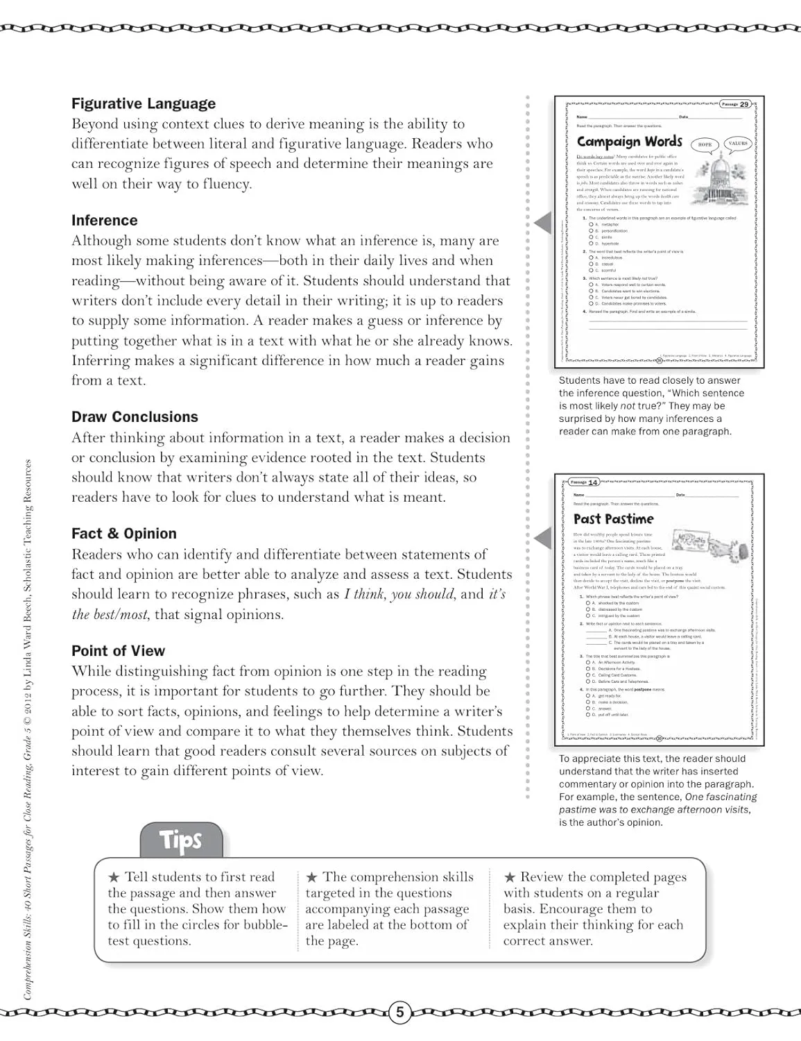 Scholastic Comprehension Skills: 40 Short Passages For Close Reading, Grade 5