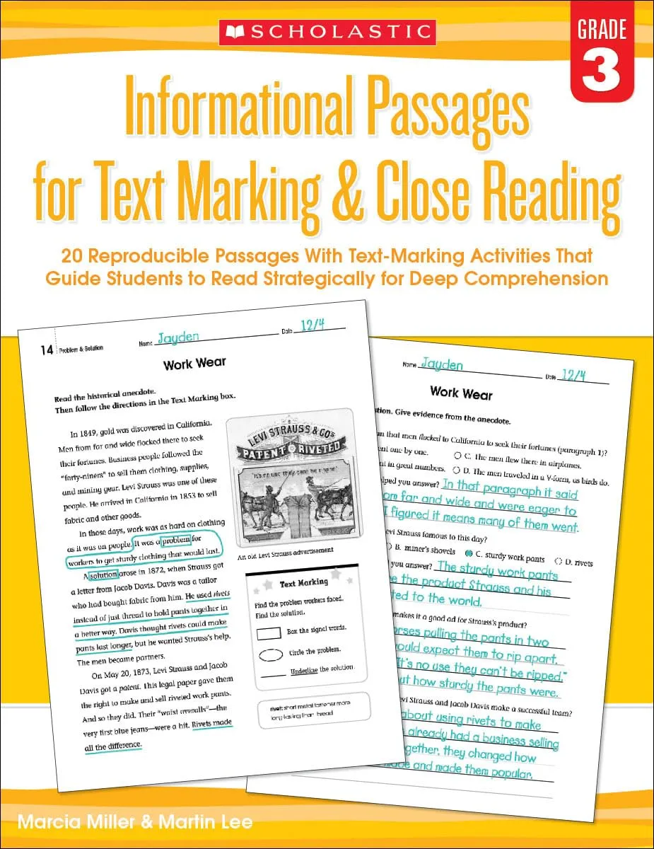 Informational Passages for Text Marking & Close Reading: Grade 3: 20 Reproducible Passages With Text-Marking Activities That