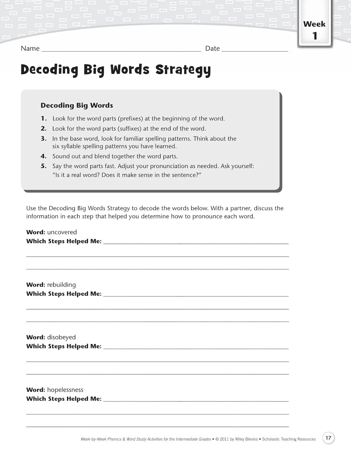 Scholastic Week By Week Phonics and Word Study for the Intermediate Grades, Grades 3-6