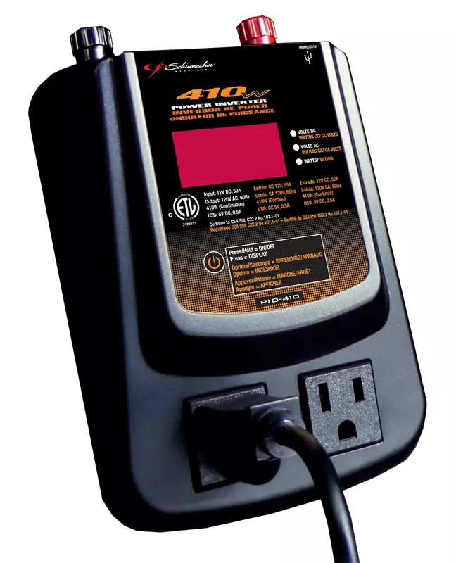 Schumacher PID-410 DC to AC Power Inverter - 400W - with AC and USB Power Ports to Power Mobile Devices, Gray