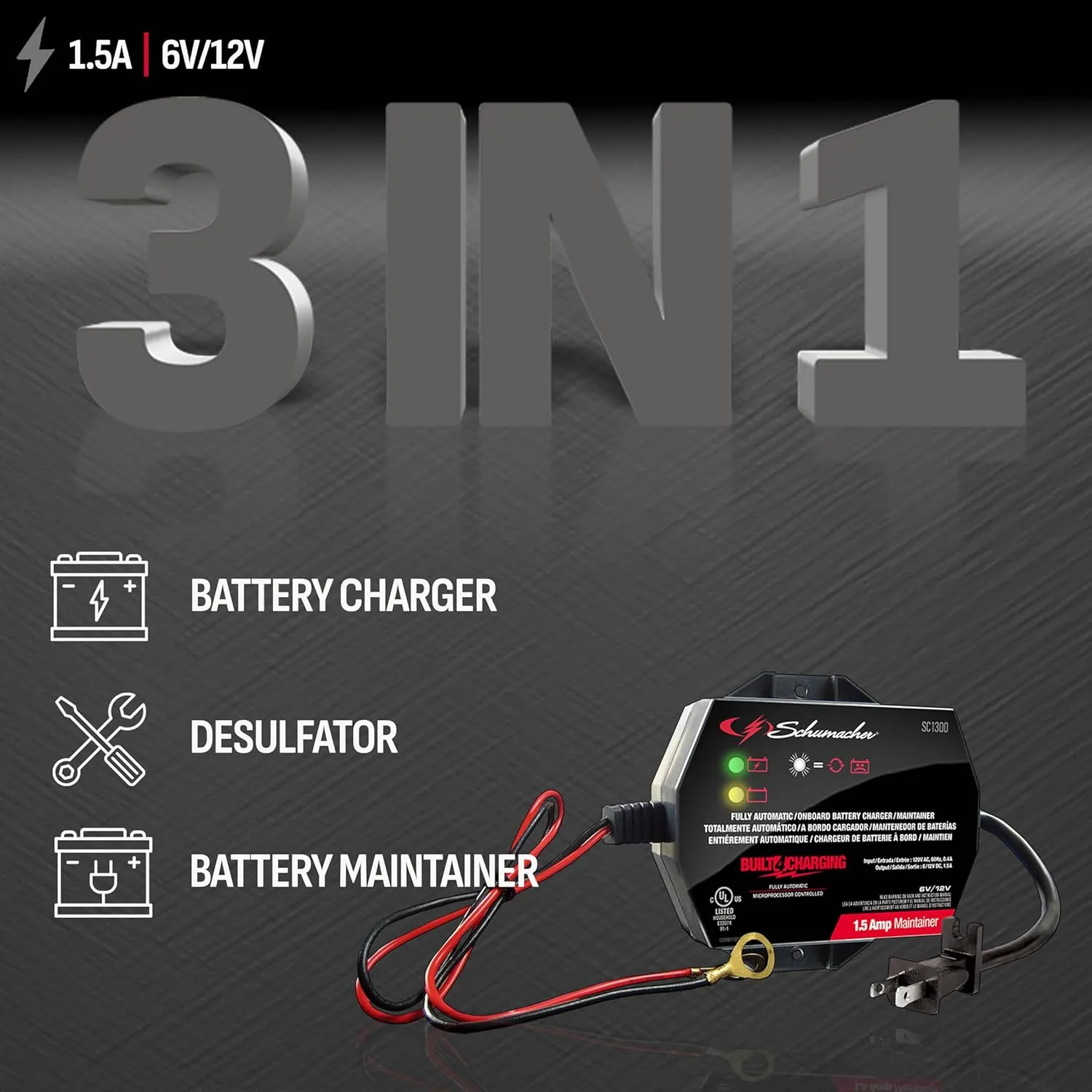 Schumacher SC1300 1.5A Battery Charger & Maintainer, 6V/12V 3-in-1