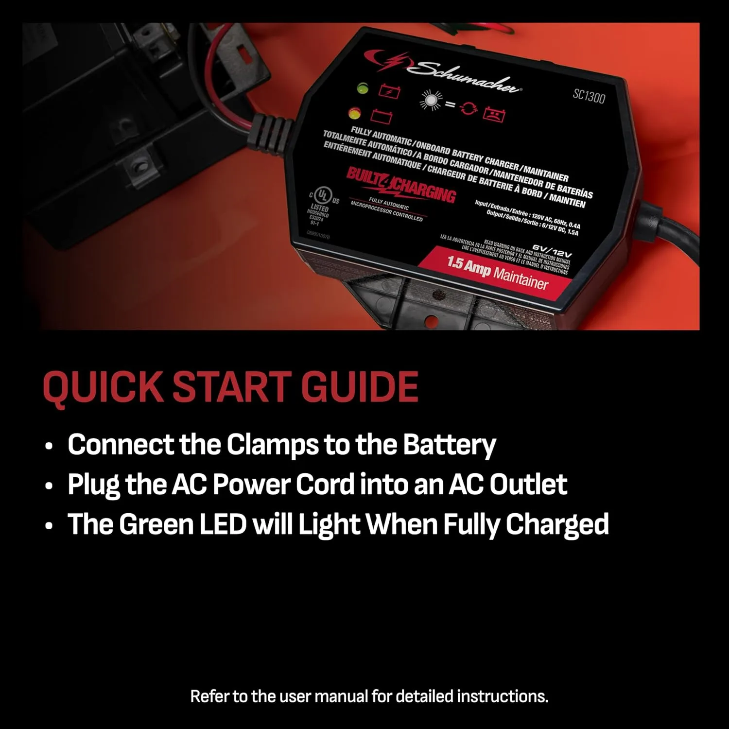 Schumacher SC1300 1.5A Battery Charger & Maintainer, 6V/12V 3-in-1