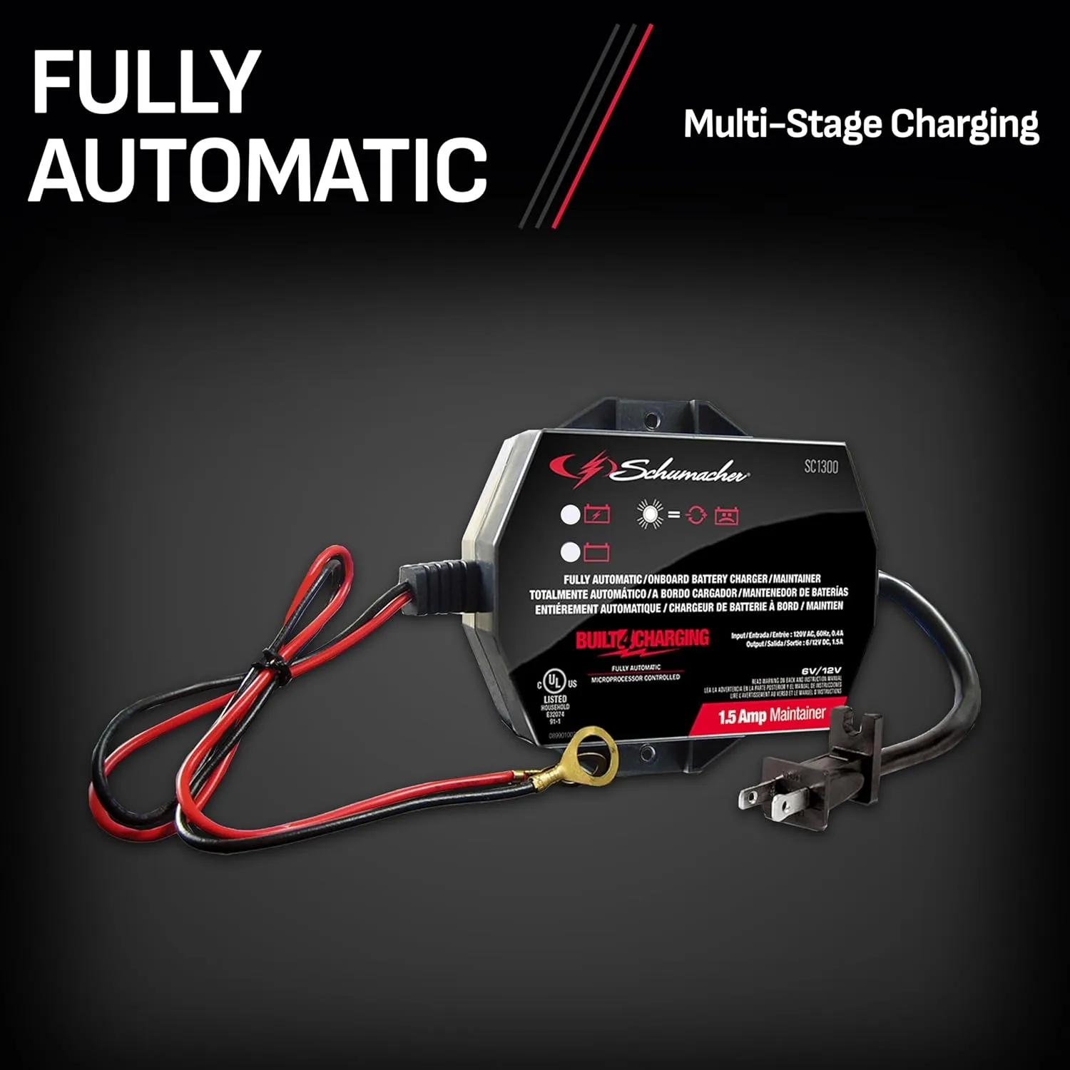 Schumacher SC1300 1.5A Battery Charger & Maintainer, 6V/12V 3-in-1