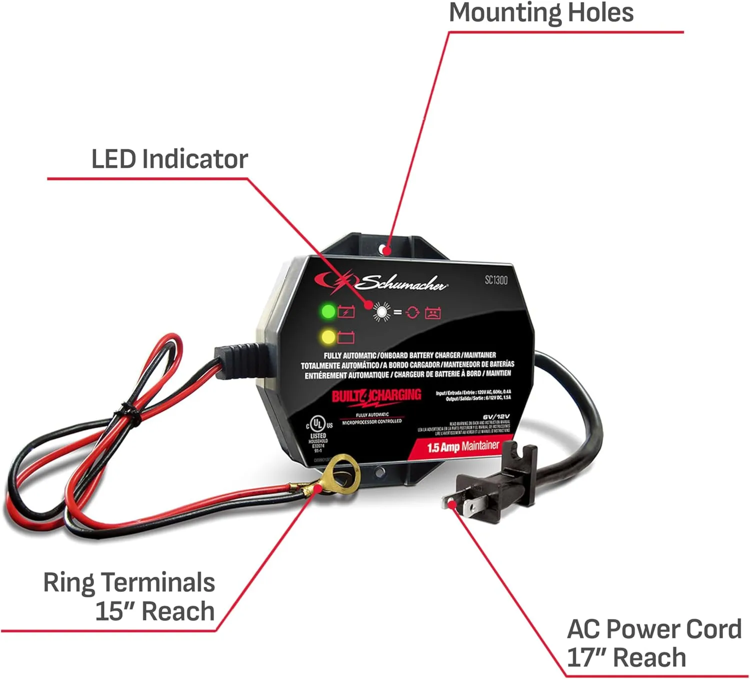Schumacher SC1300 1.5A Battery Charger & Maintainer, 6V/12V 3-in-1