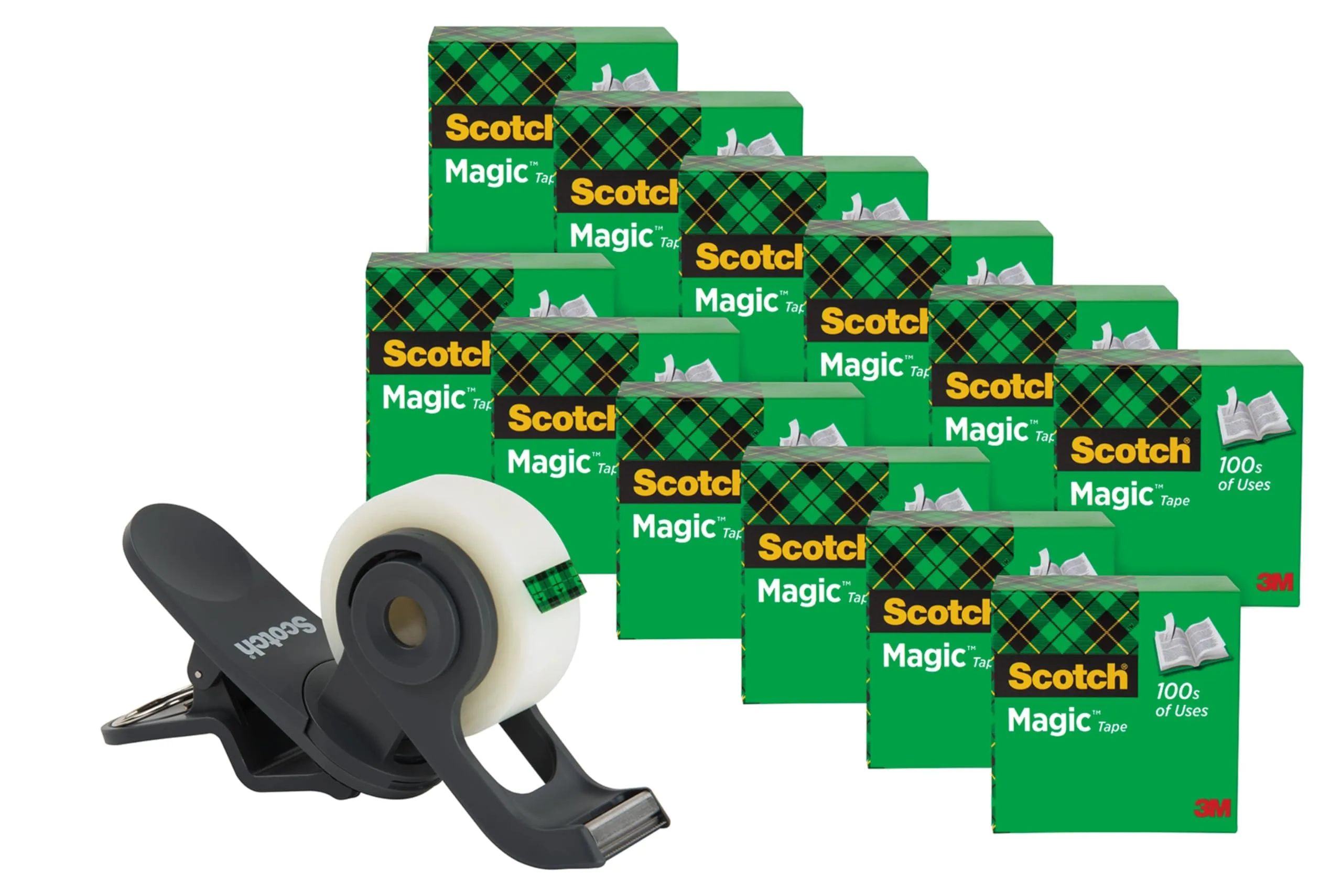 Scotch Clip-On Tape Dispenser with 12 Rolls of Magic Tape, 3/4 Inch x 1000 Inch Each, 1-Inch Core, Charcoal