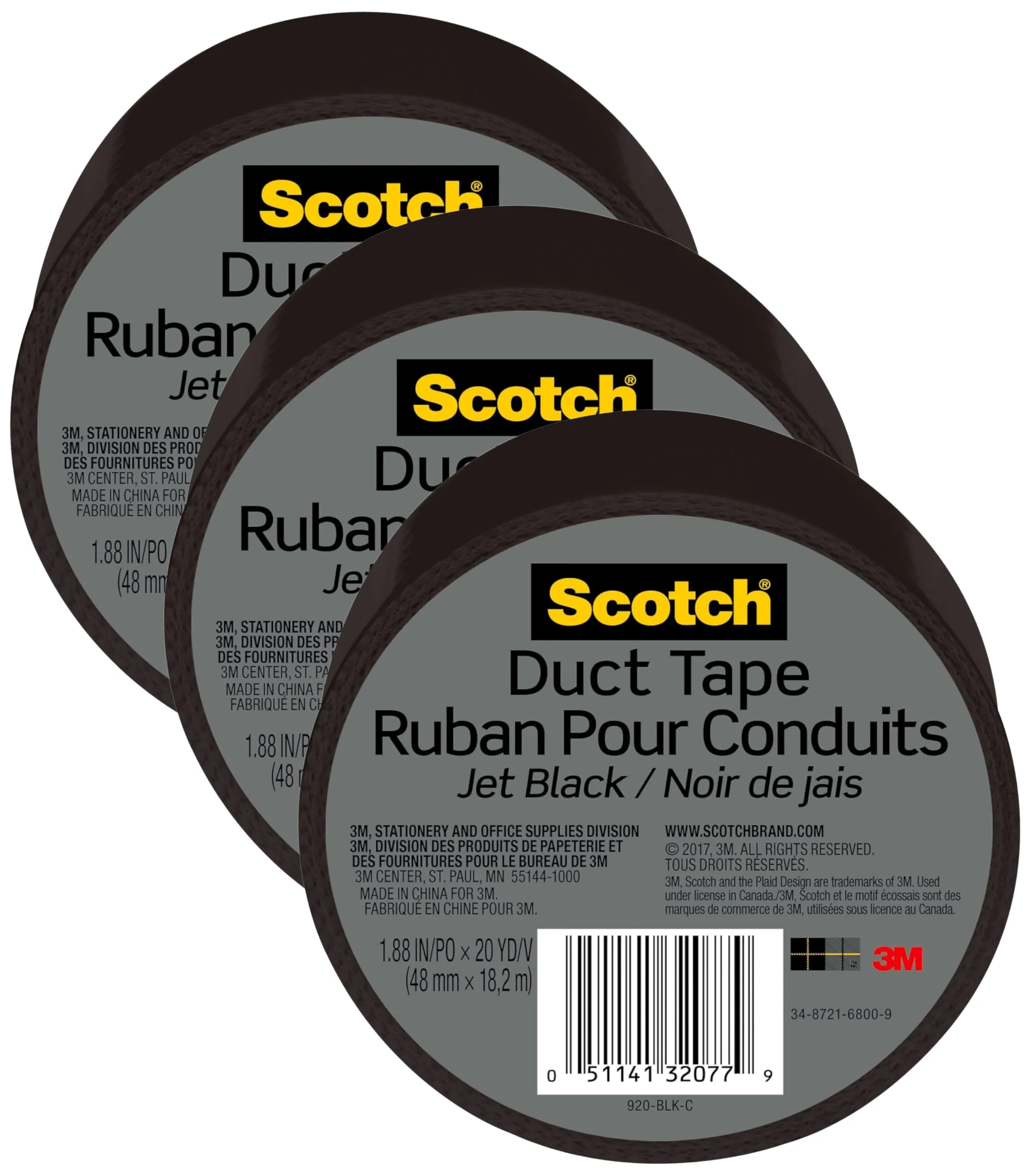 Scotch Duct Tape, 1.88 in x 20 yd, Jet Black, 1 Roll (920-BLK-C)