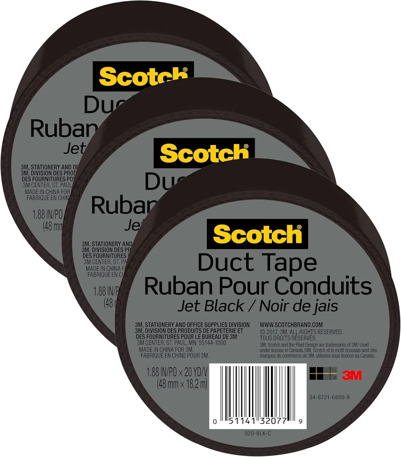 Scotch Duct Tape, 1.88 in x 20 yd, Jet Black, 1 Roll (920-BLK-C)