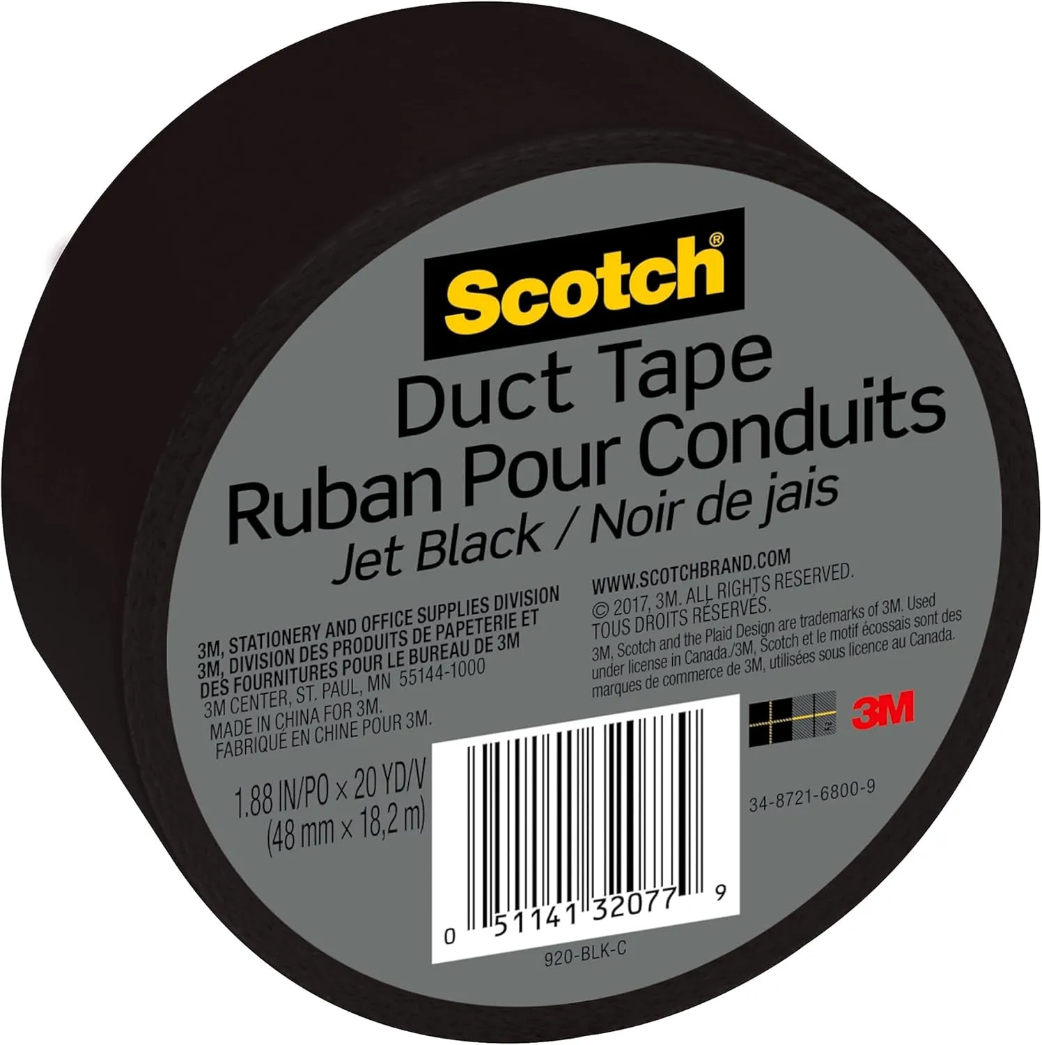Scotch Duct Tape, 1.88 in x 20 yd, Jet Black, 1 Roll (920-BLK-C)