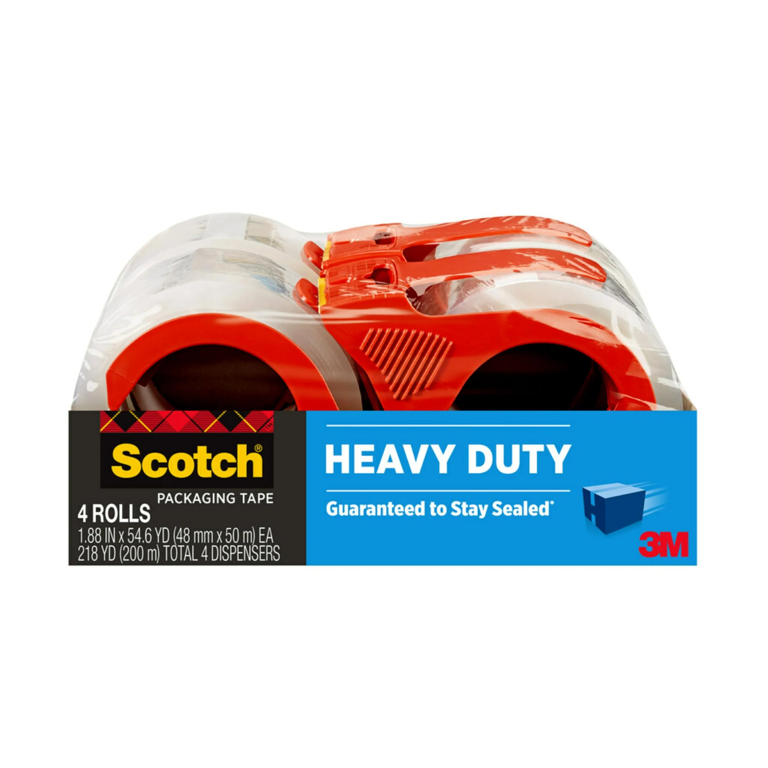 Scotch Heavy Duty Packaging Tape, 1.88 in x 54.6 yd, 4 Rolls with Dispensers (3850-4RD)
