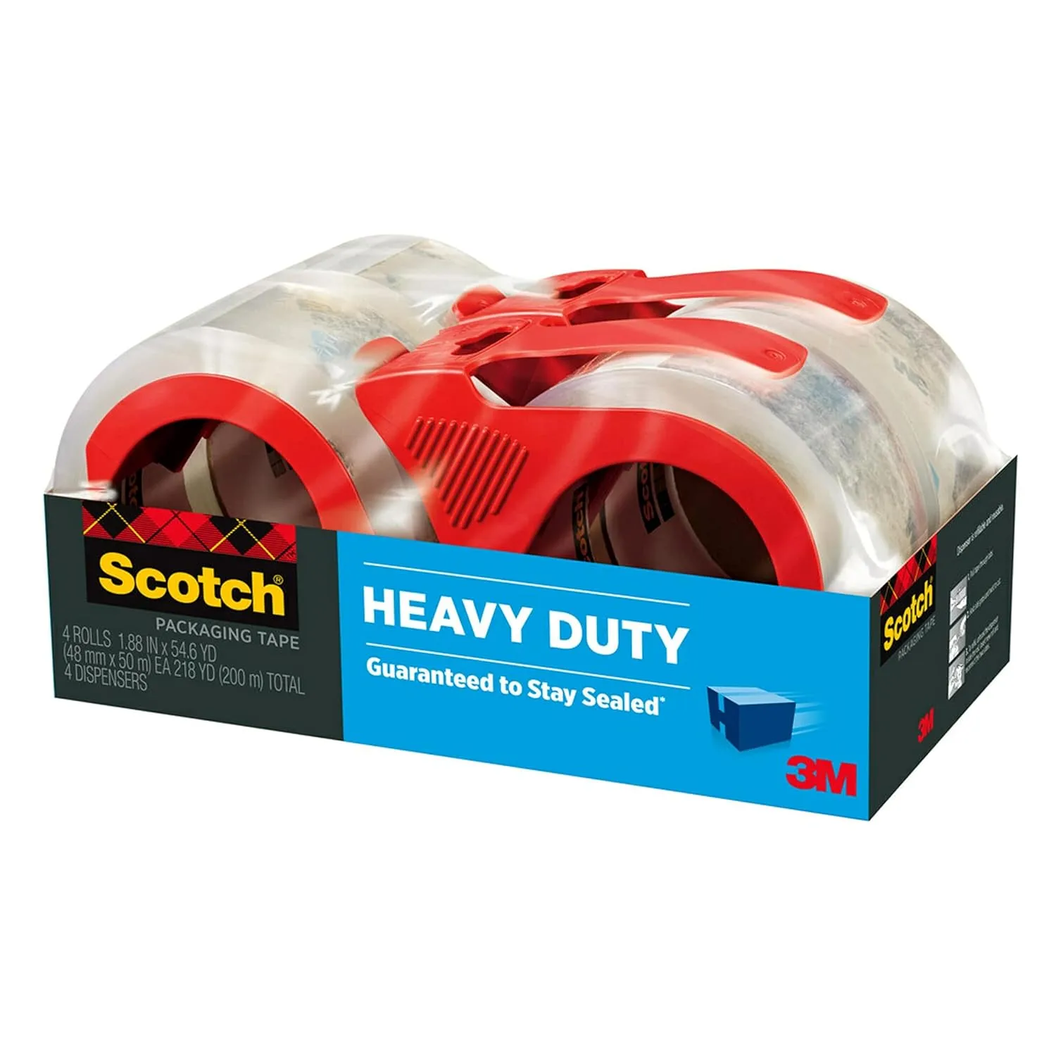 Scotch Heavy Duty Packaging Tape, 1.88 in x 54.6 yd, 4 Rolls with Dispensers (3850-4RD)