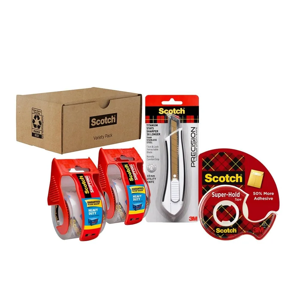 Scotch Shipping Pack, Complete Shipping Tape Dispenser Kit Super Hold Tape, 2 Heavy Duty Packaging Tape Rolls, and a Precision Mini Box Cutter Knife