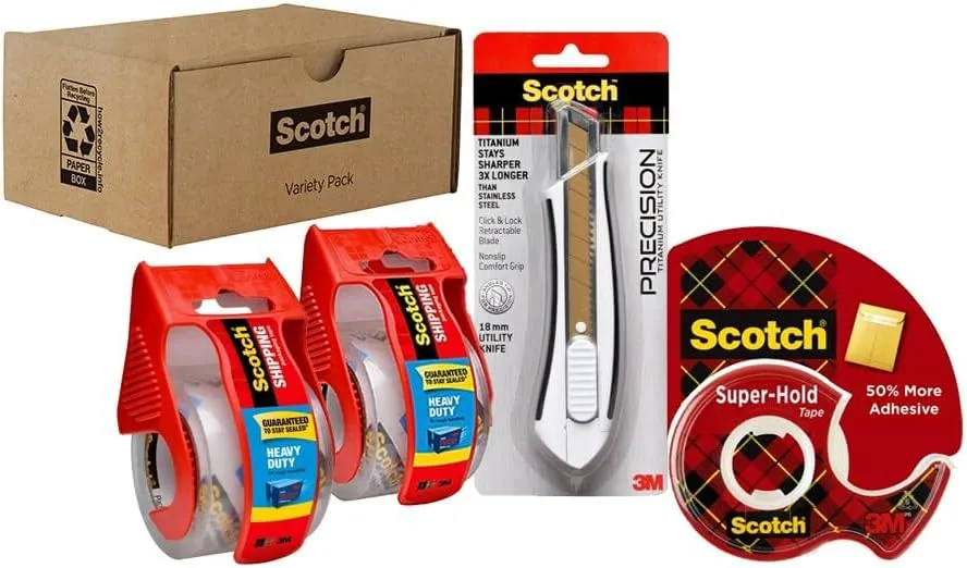 Scotch Shipping Pack, Complete Shipping Tape Dispenser Kit Super Hold Tape, 2 Heavy Duty Packaging Tape Rolls, and a Precision Mini Box Cutter Knife