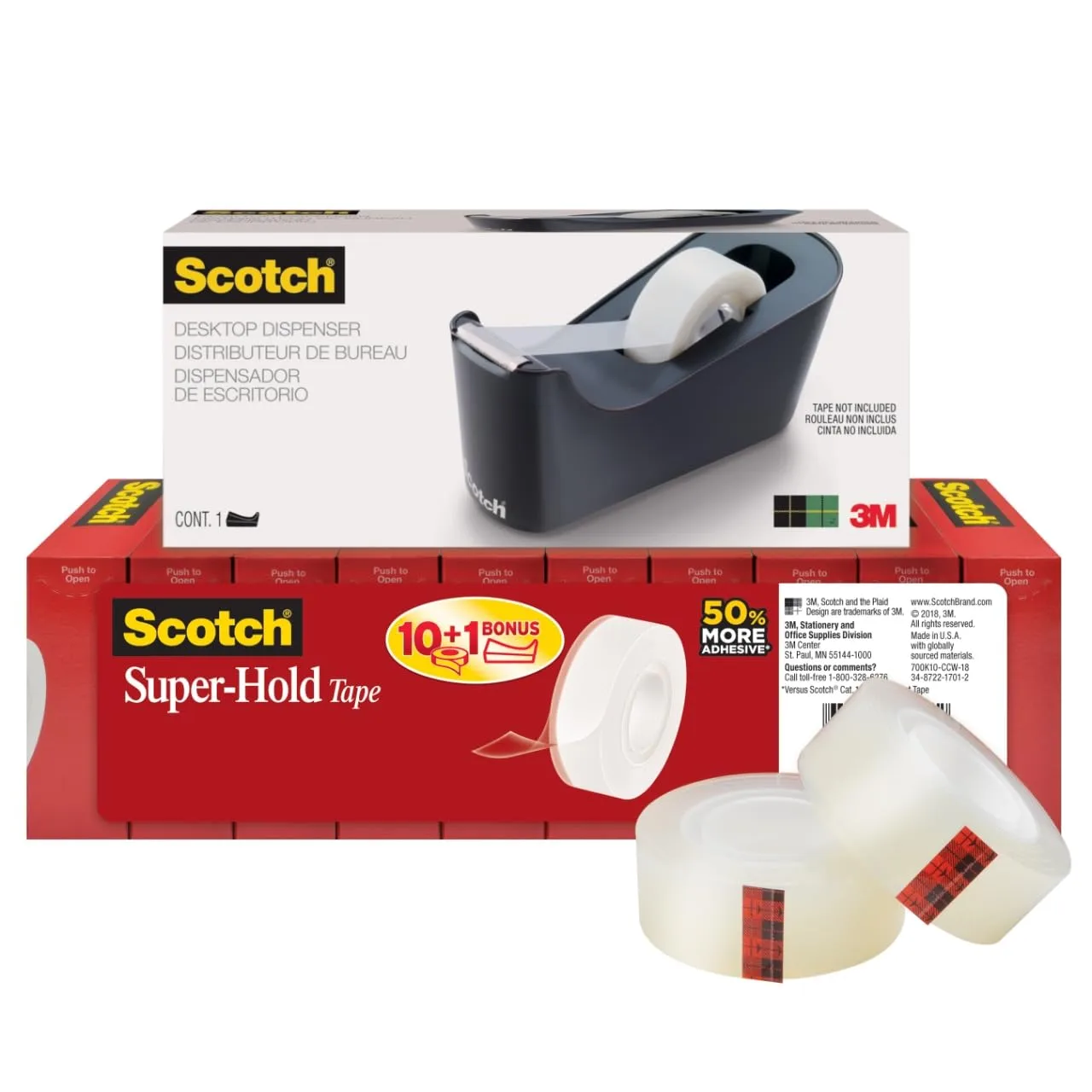 Scotch Super-Hold Tape with C18 Desktop Dispenser, 3/4 in x 1000 in, Clear, Pack of 10