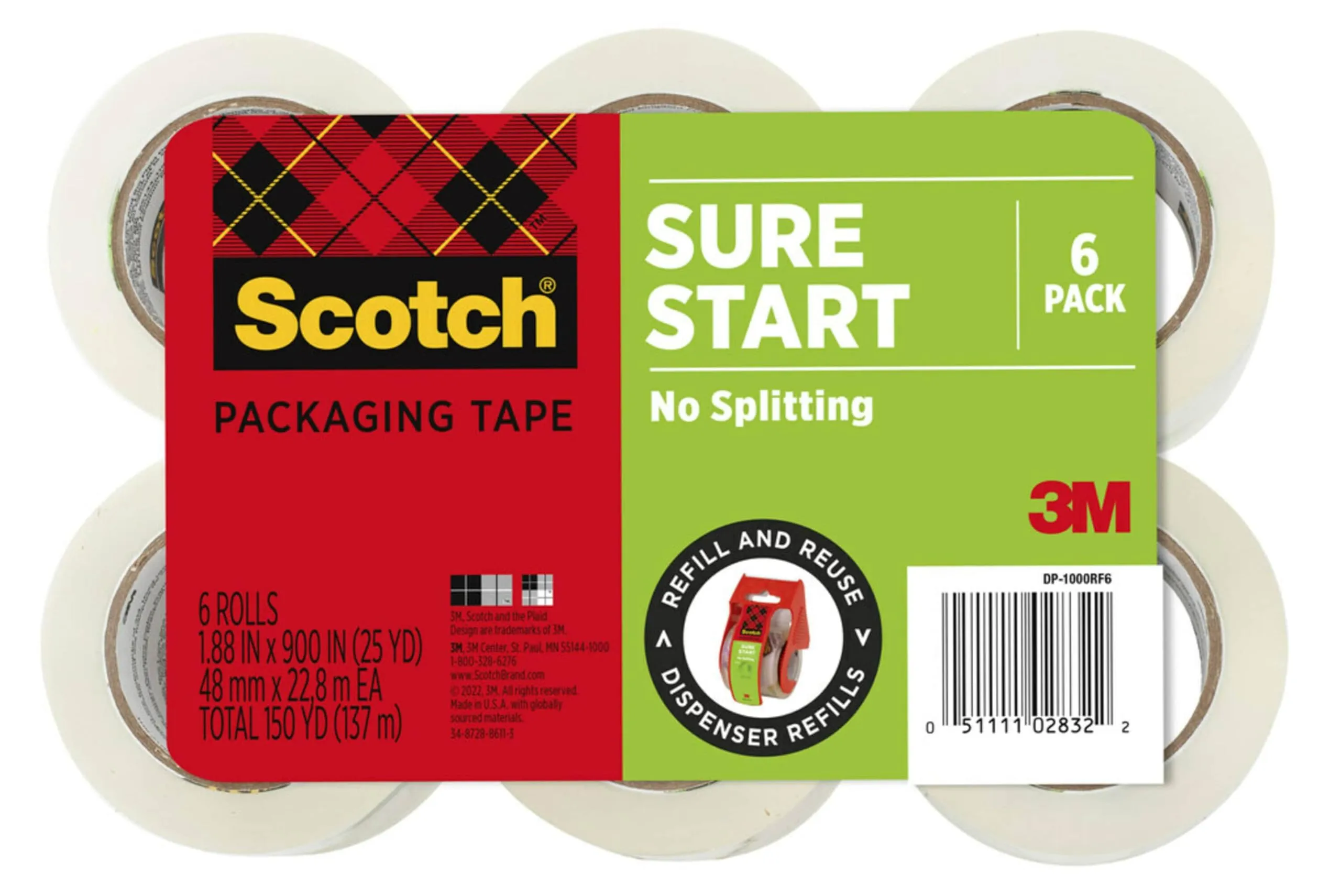 Scotch Sure Start Packing Tape, Clear, Quiet Unwind, 1.88 in x 25 yd, 6 Rolls