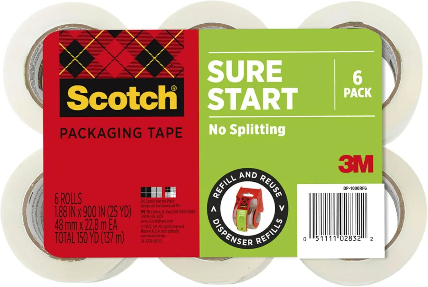Scotch Sure Start Packing Tape, Clear, Quiet Unwind, 1.88 in x 25 yd, 6 Rolls