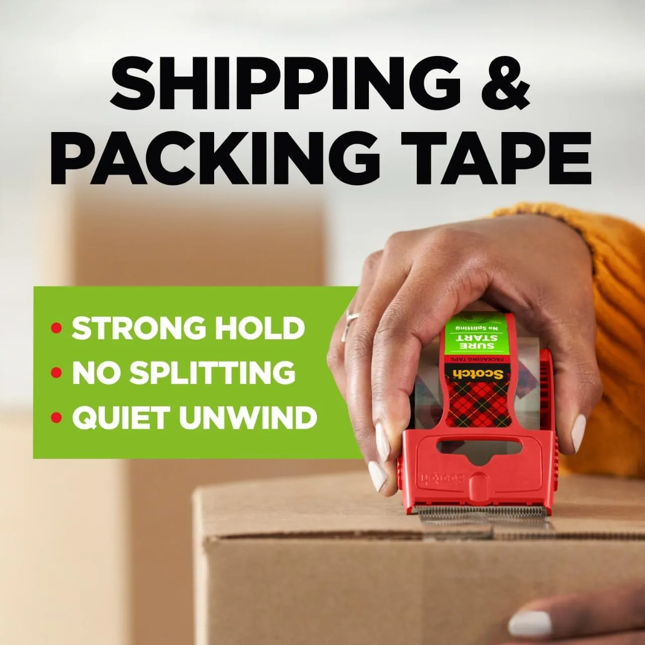 Scotch Sure Start Packing Tape, Clear, Quiet Unwind, 1.88 in x 25 yd, 6 Rolls