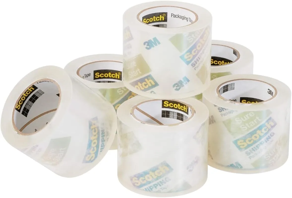 Scotch Sure Start Packing Tape, Clear, Quiet Unwind, 1.88 in x 25 yd, 6 Rolls