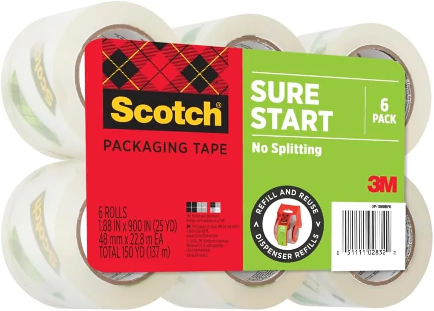 Scotch Sure Start Packing Tape, Clear, Quiet Unwind, 1.88 in x 25 yd, 6 Rolls