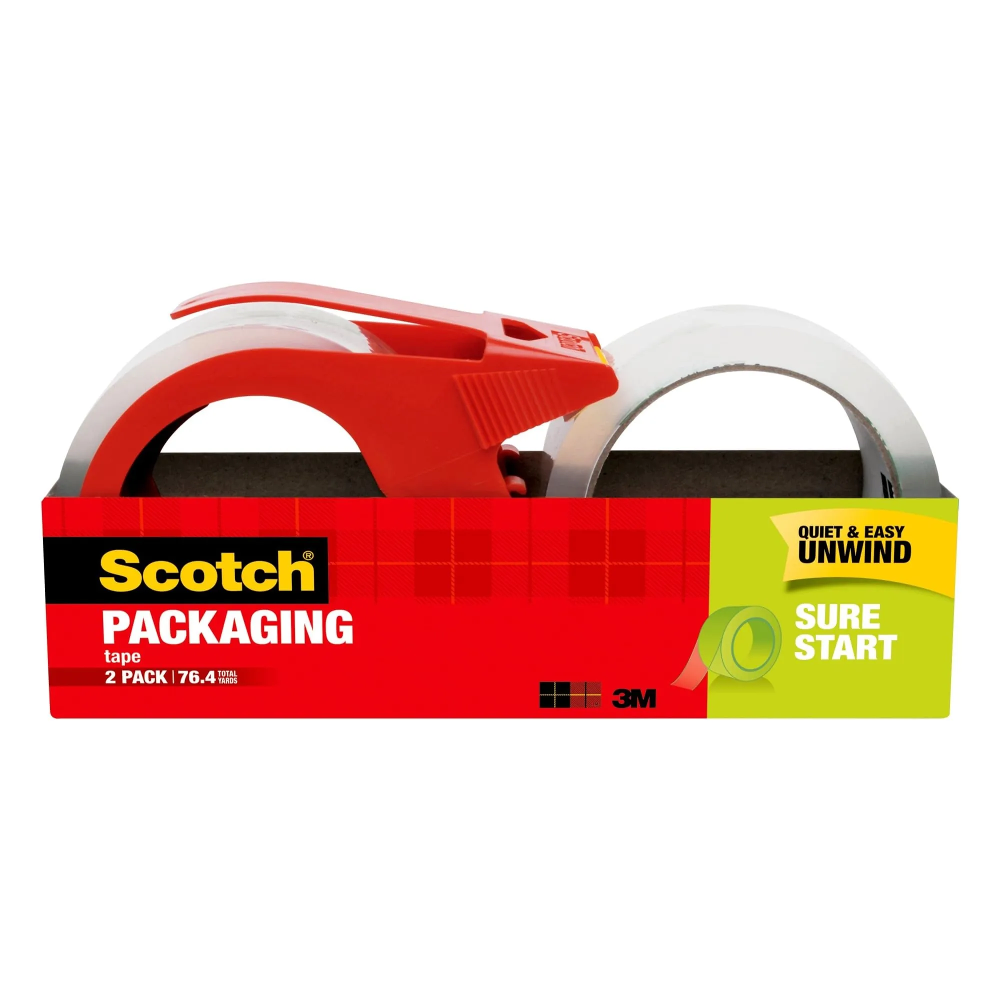 Scotch Sure Start Packaging Tape, 1.88in x 38.2yd, 2 Rolls with Dispenser