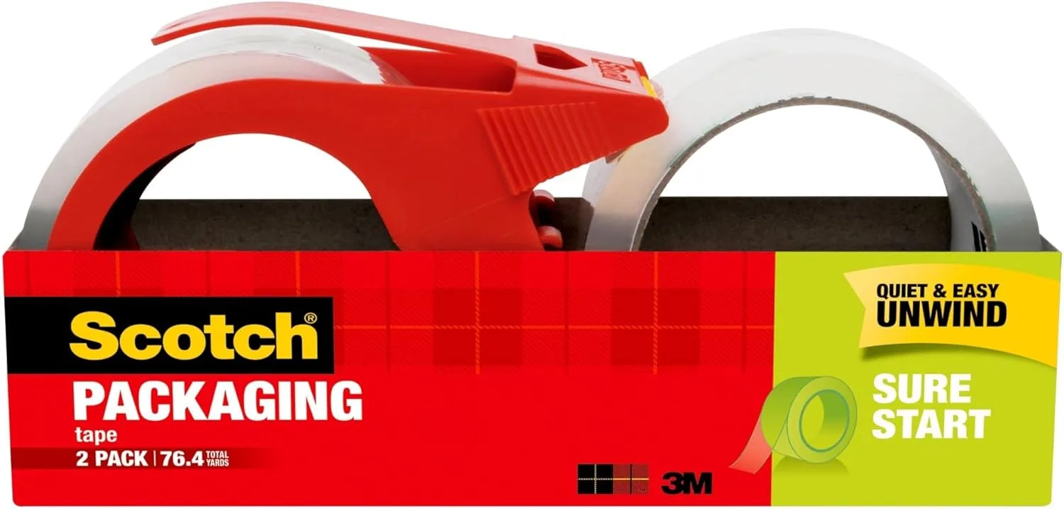 Scotch Sure Start Packaging Tape, 1.88in x 38.2yd, 2 Rolls with Dispenser