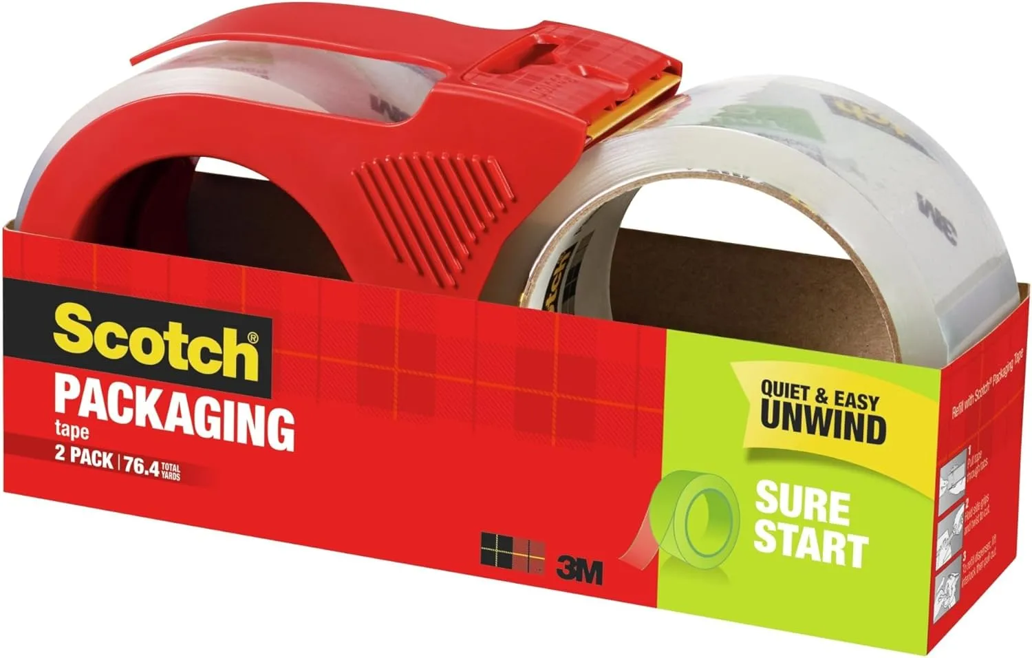 Scotch Sure Start Packaging Tape, 1.88in x 38.2yd, 2 Rolls with Dispenser