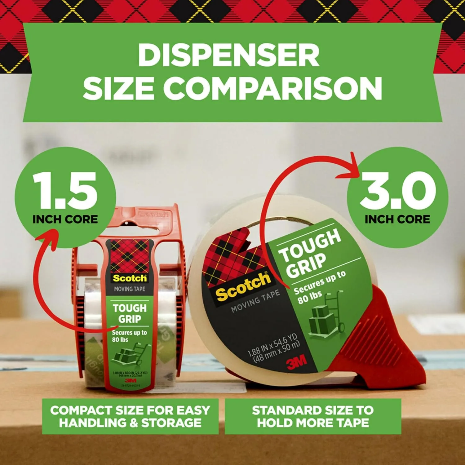 Scotch Tough Grip Packing Tape, Clear, Moving Tape That Secures Boxes up to 80 Pounds, Holiday Shipping Tape for Large Boxes, 1.88 in. x 22.2 yd., 6 Tape Rolls with Dispensers