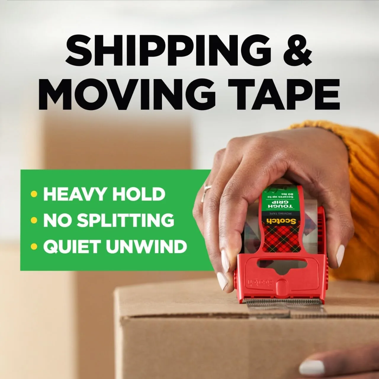 Scotch Tough Grip Packing Tape, Clear, Moving Tape That Secures Boxes up to 80 Pounds, Holiday Shipping Tape for Large Boxes, 1.88 in. x 22.2 yd., 6 Tape Rolls with Dispensers