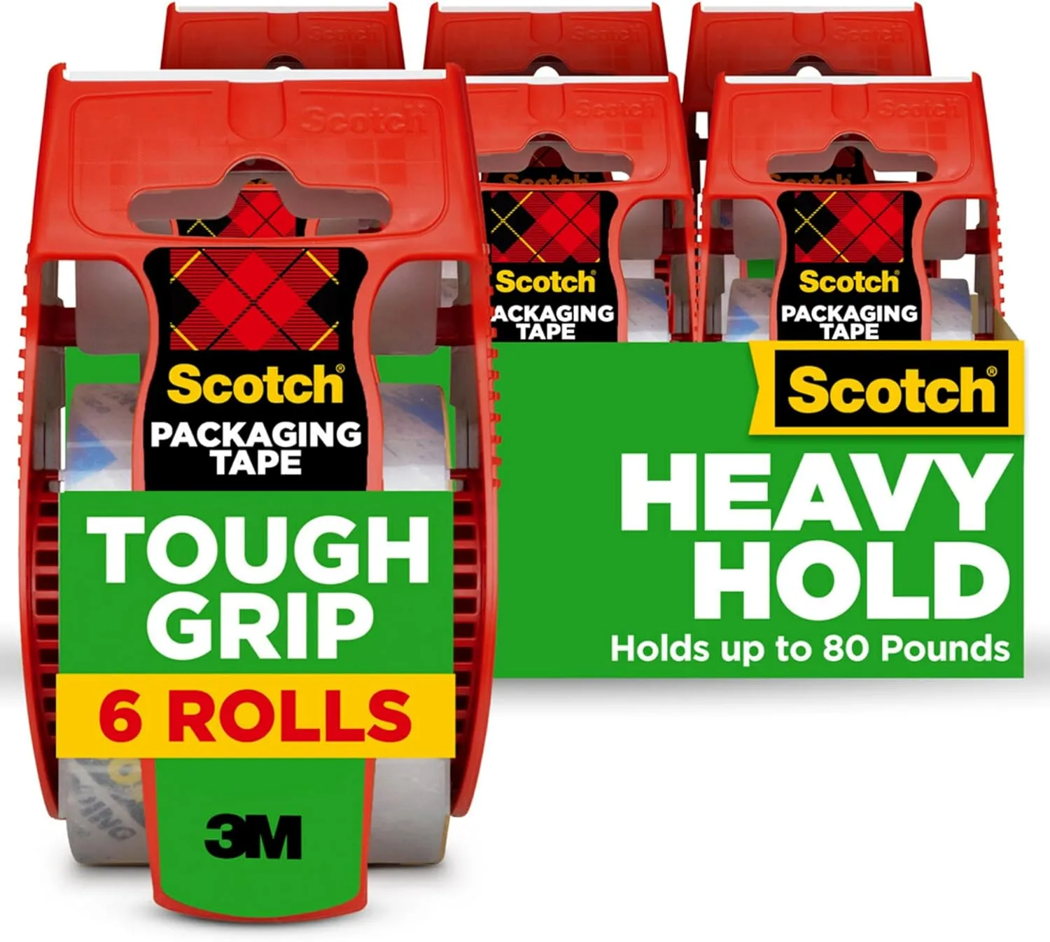 Scotch Tough Grip Packing Tape, Clear, Moving Tape That Secures Boxes up to 80 Pounds, Holiday Shipping Tape for Large Boxes, 1.88 in. x 22.2 yd., 6 Tape Rolls with Dispensers