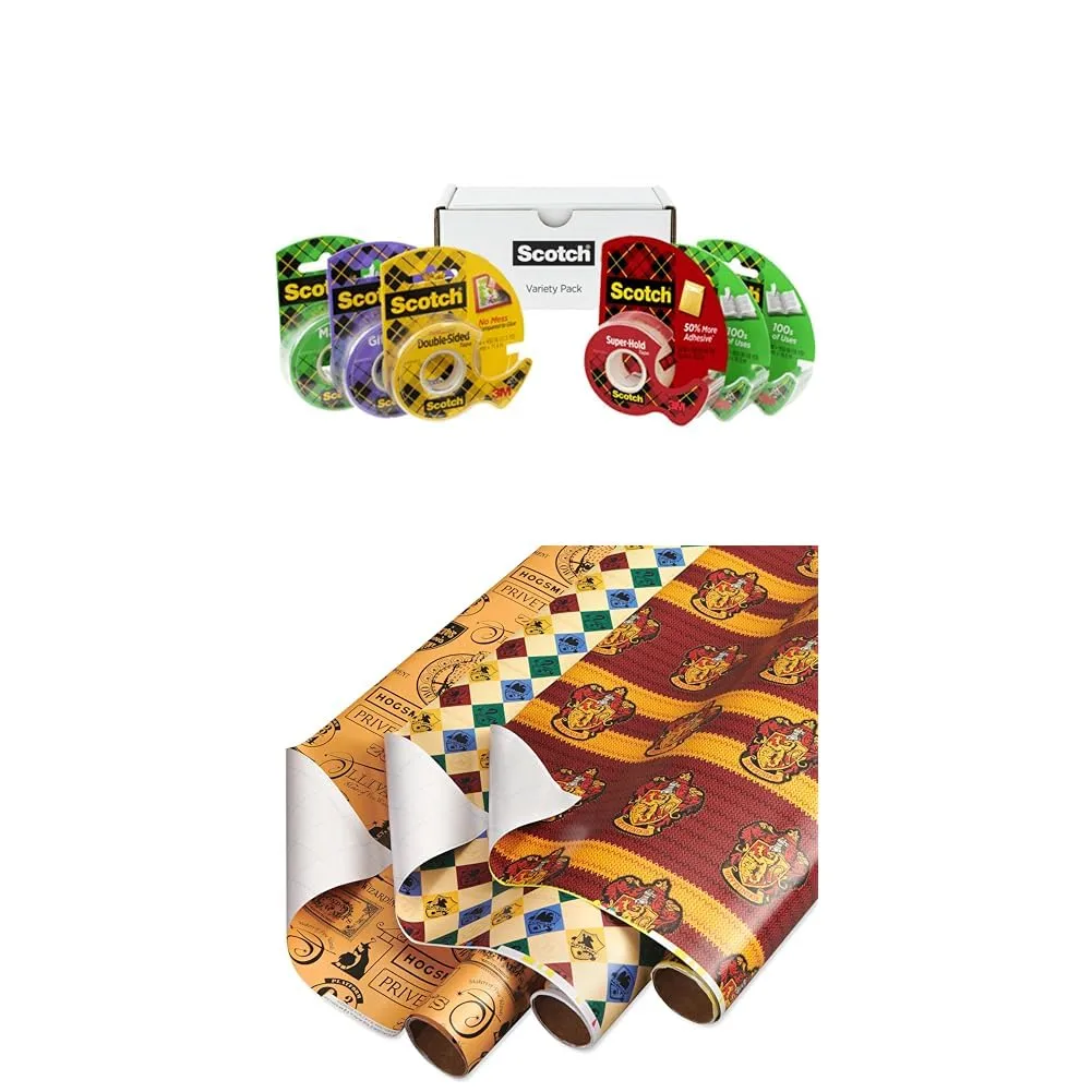 Scotch Gift-Wrap Bundle Variety Pack Tape, 6 Rolls and American Greetings Harry Potter Wrapping Paper Set with Gridlines, 3 Rolls, 30 in. x 14 ft. Tape + Wrapping Paper