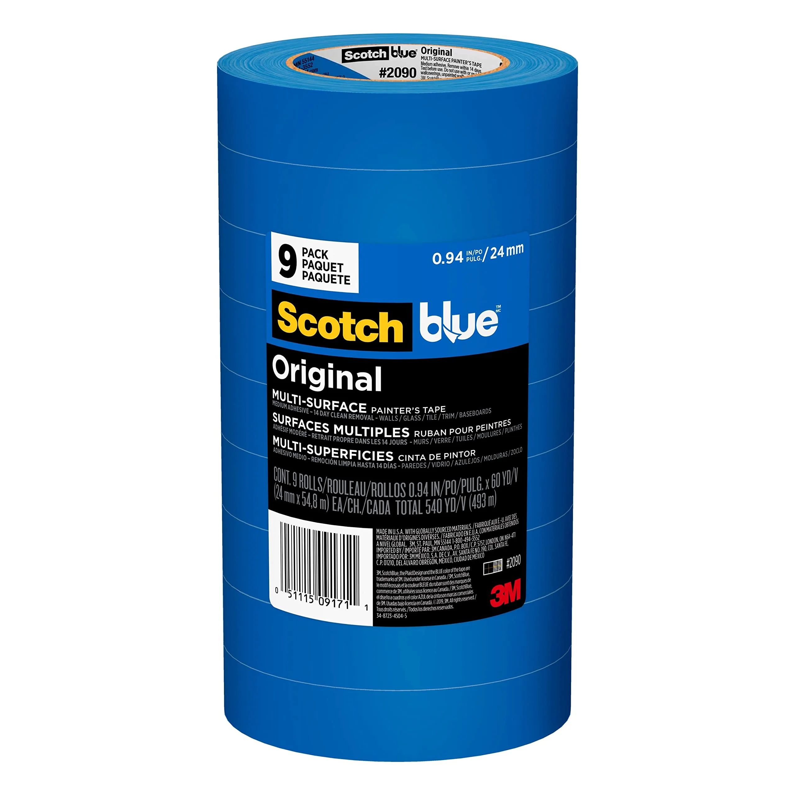 ScotchBlue Original Multi-Surface Painters Tape, 1 Inch x 60 Yds, 9 Rolls (2090-24AP9)