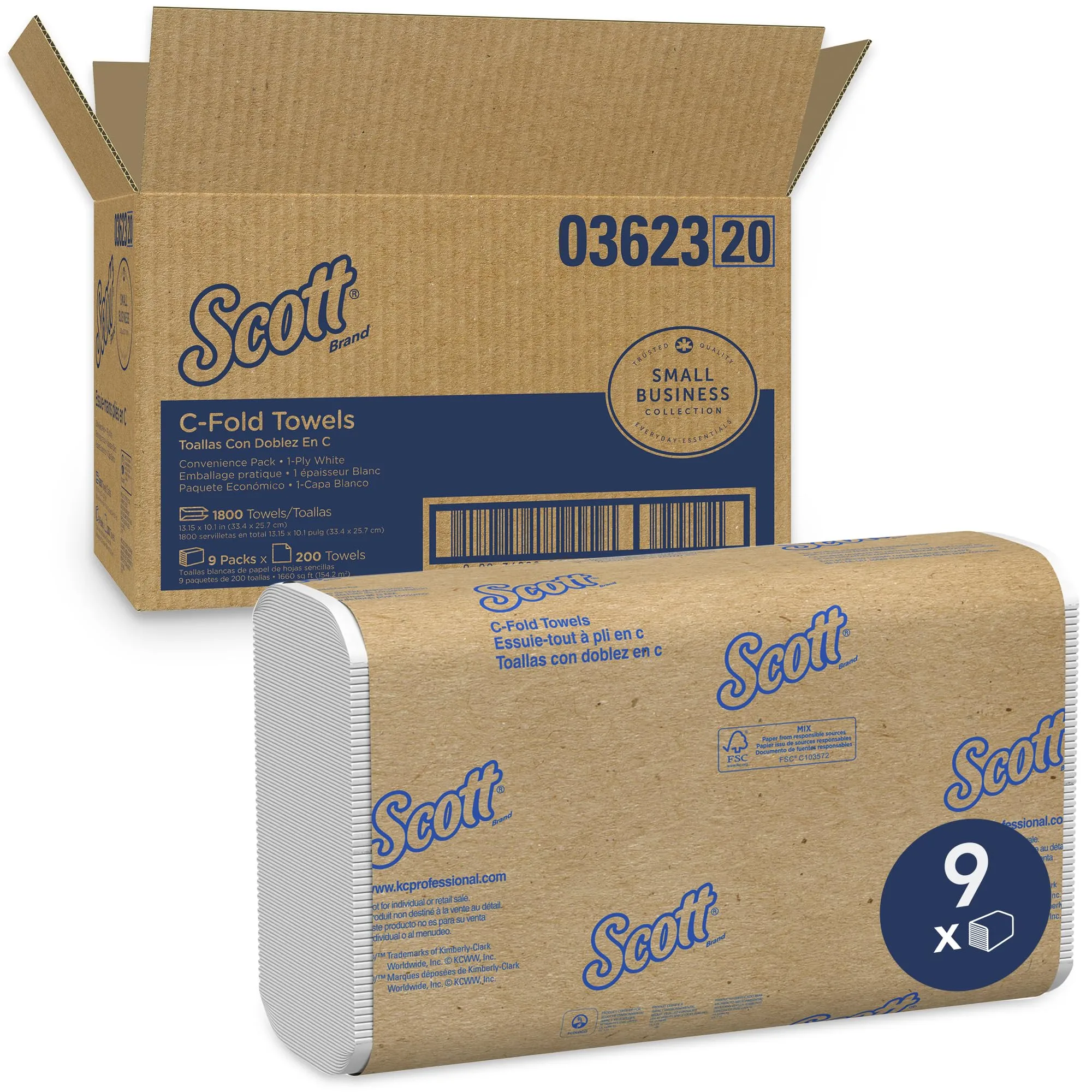 Scott Professional Scott® C-Fold Folded Paper Towels, Bulk (03623), with Absorbency Pockets™, White, (200 Sheets/Pack, 9 Packs/Case, 1,800 Sheets/Case)