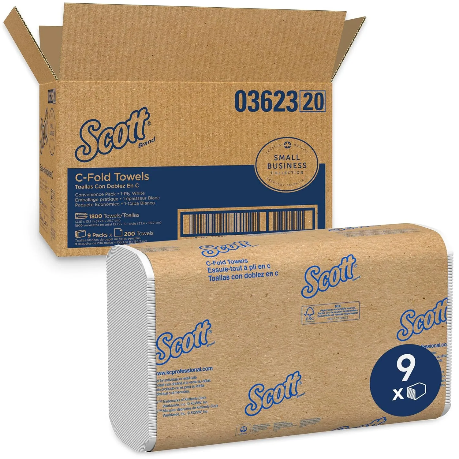 Scott Professional Scott® C-Fold Folded Paper Towels, Bulk (03623), with Absorbency Pockets™, White, (200 Sheets/Pack, 9 Packs/Case, 1,800 Sheets/Case)