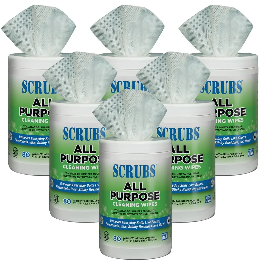 Scrubs 96580 All Purpose Cleaning Wipes, 9" x 12", 6 Buckets of 80 Towels Each