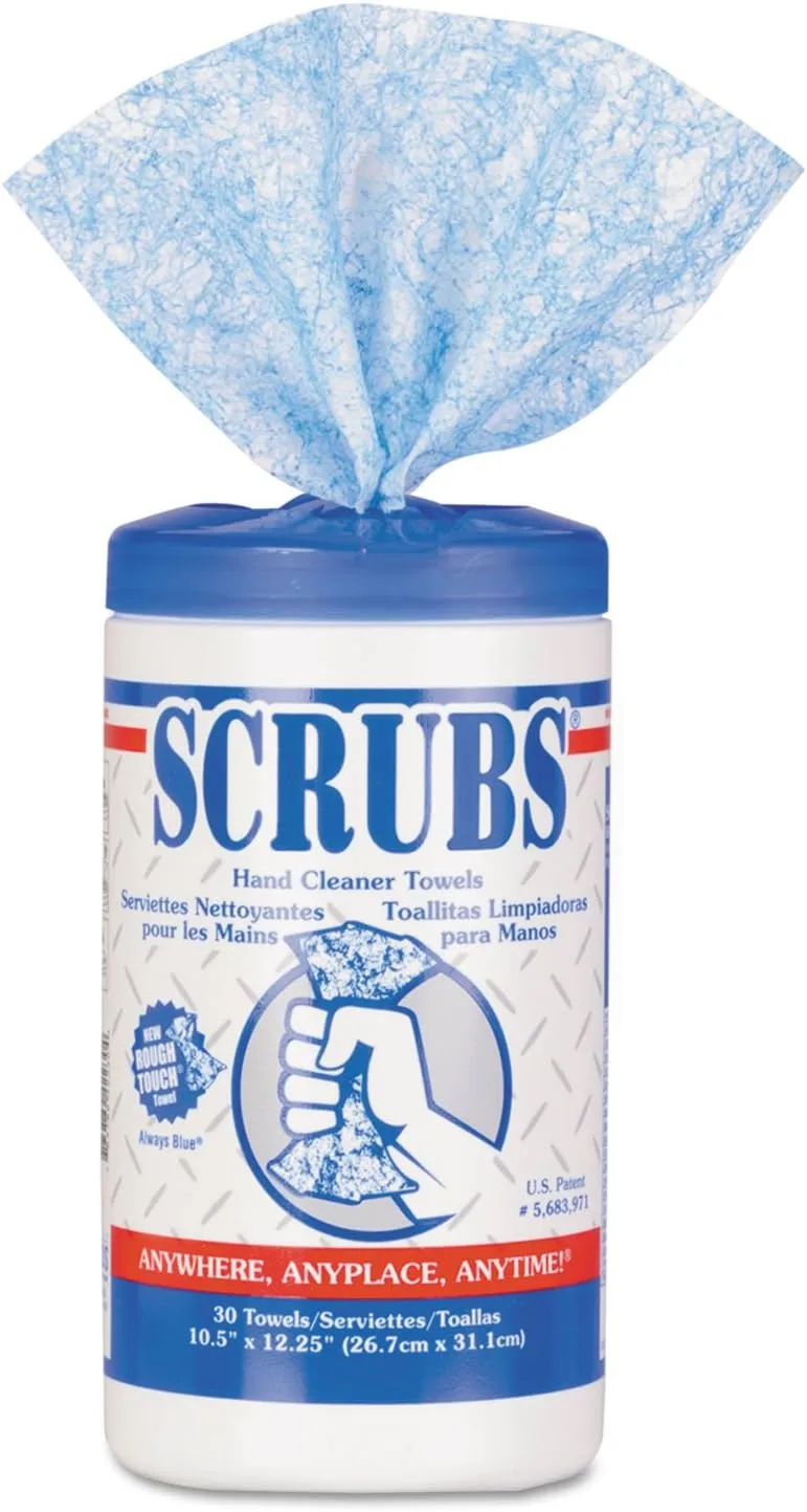 ITW Pro Brands Scrubs 42230 Hand Cleaner Towels, 10 x 12, Blue/White, 30/Canister