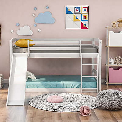 White Kids Bunk Bed with Slide and Ladder – Space-Saving Fun Design