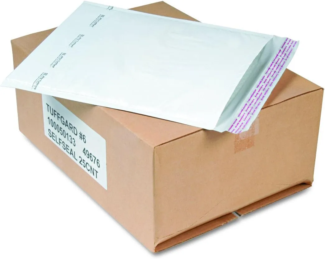 Sealed Air Jiffy TuffGard Self-Seal Cushioned Mailer, #6, Barrier Bubble Air Cell Cushion, Self-Adhesive Closure, 12.5 x 19, White,25/CT